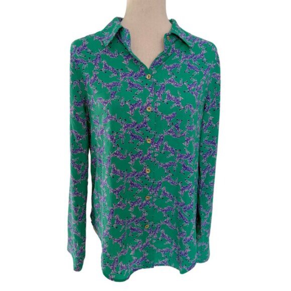 Lilly Pulitzer Green Blue Zebra Print Collared Button Down Blouse Shirt Top Sz M - Picture 2 of 9